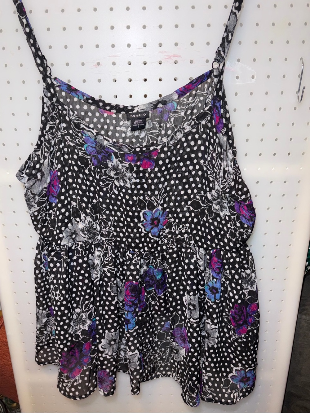 torrid Black Polka Dot Floral Peplum Sheer Camisole with Purple & Blue Accents